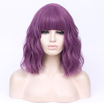 Dark purple full fringe medium curly costume wig - Smart Wigs Perth WA